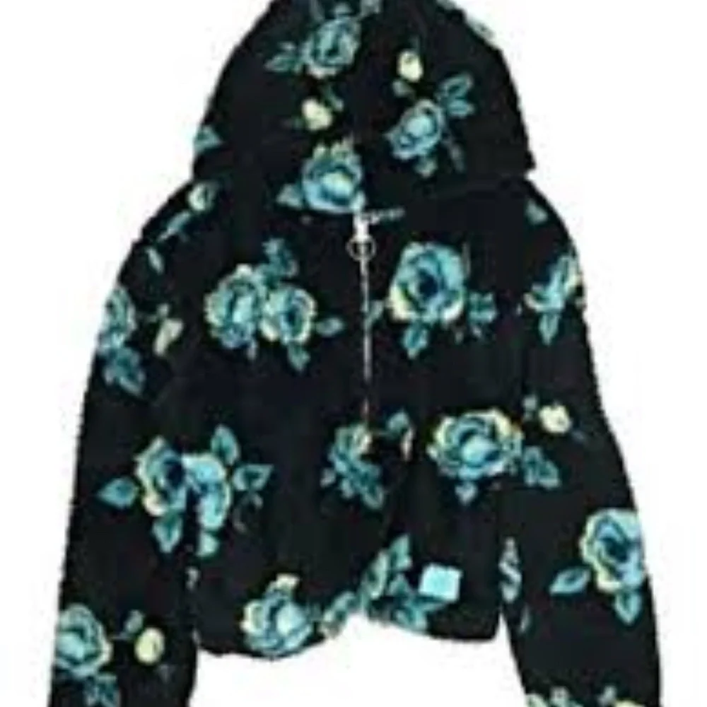 Justice Girls Sherpa Jacket Pull Over Black And Blue Floral Design Size XL